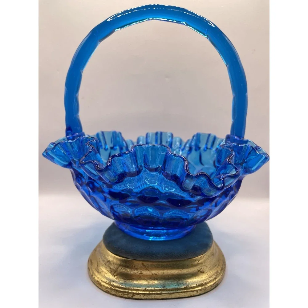 1950s Vintage Fenton Thumbprint Colonial Cobalt Blue Ruffled 8” Glass Basket